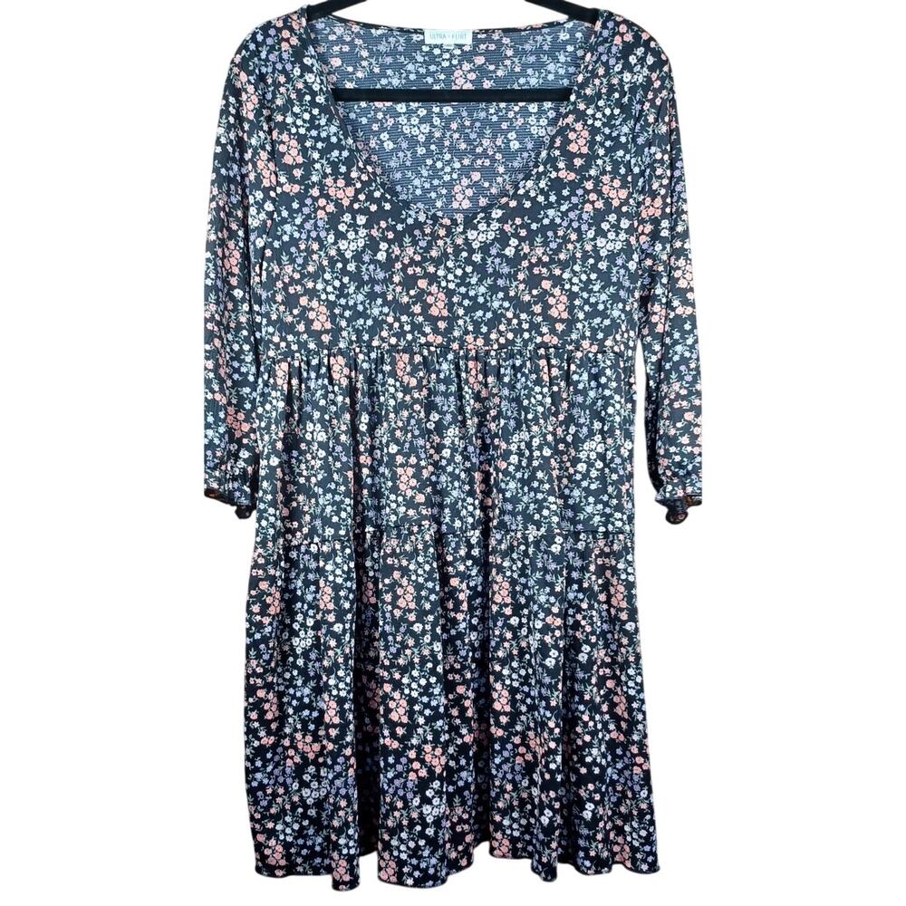 Ultra Flirt Floral Babydoll Tiered Mini Dress XL Black Pink Ditsy Boho